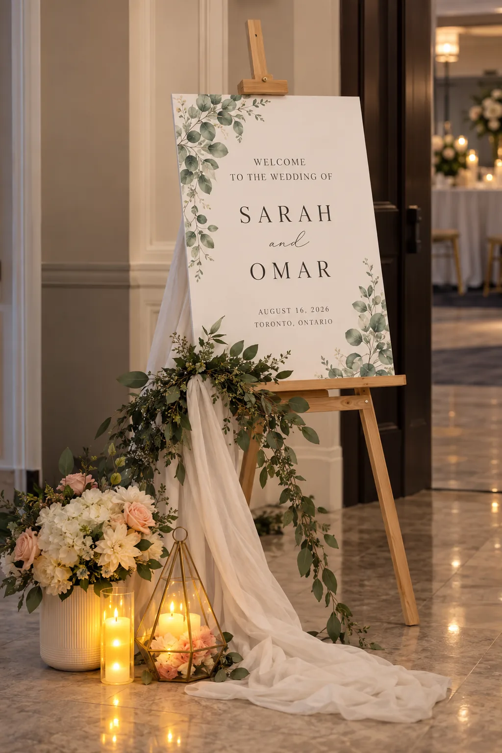 Printed foam board welcome sign on a wooden easel with styling