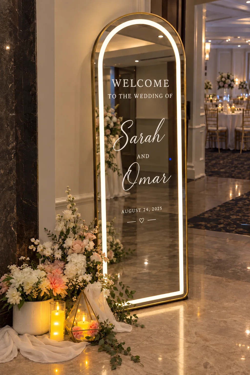 A lit arch welcome mirror with names and a date in white lettering, styled with florals and candles at its base